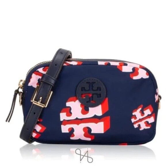 Tory Burch Crazy Logo Allover Print Blue Nylon Crossbody - Picture 2 of 7